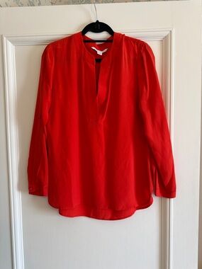 Diane Von Furstenberg Vibrant Red Long-Sleeve Split-Neck Blouse